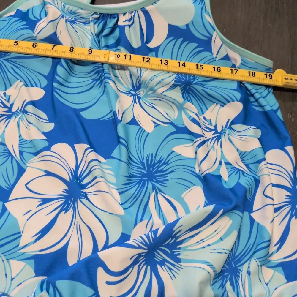 Cherievale Aqua Blue Hibiscus Floral Two Piece Tankini Swimsuit Set